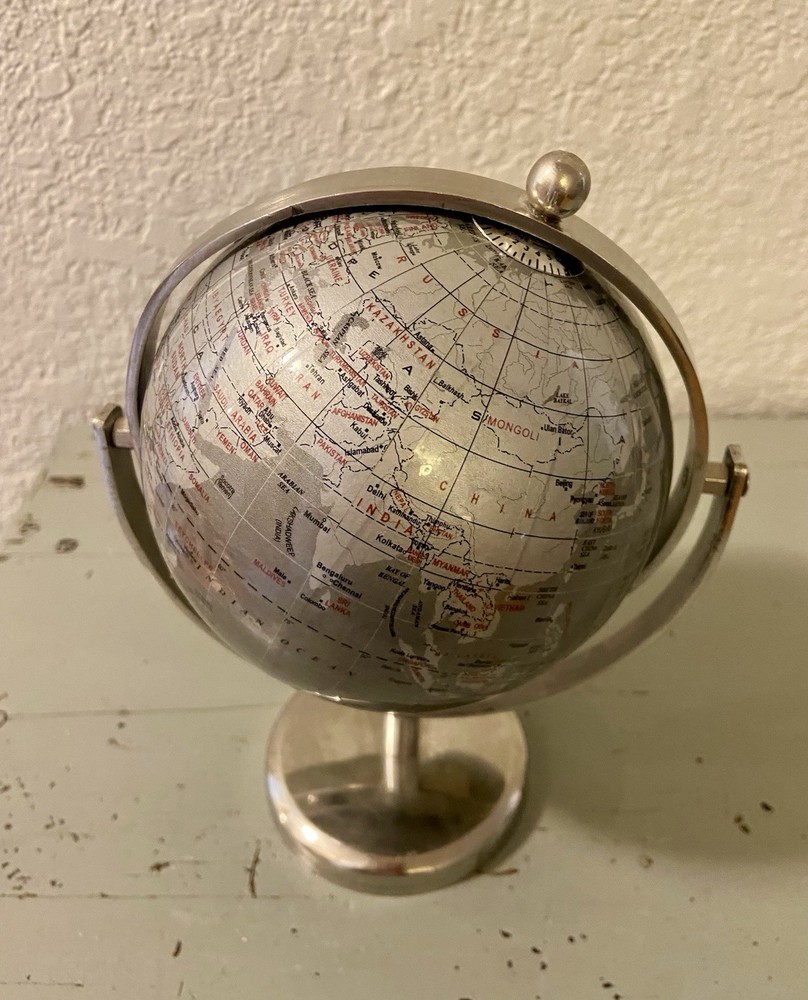 Metal Chrome World Globe Map Rotating Desktop Decor 8” Tall
