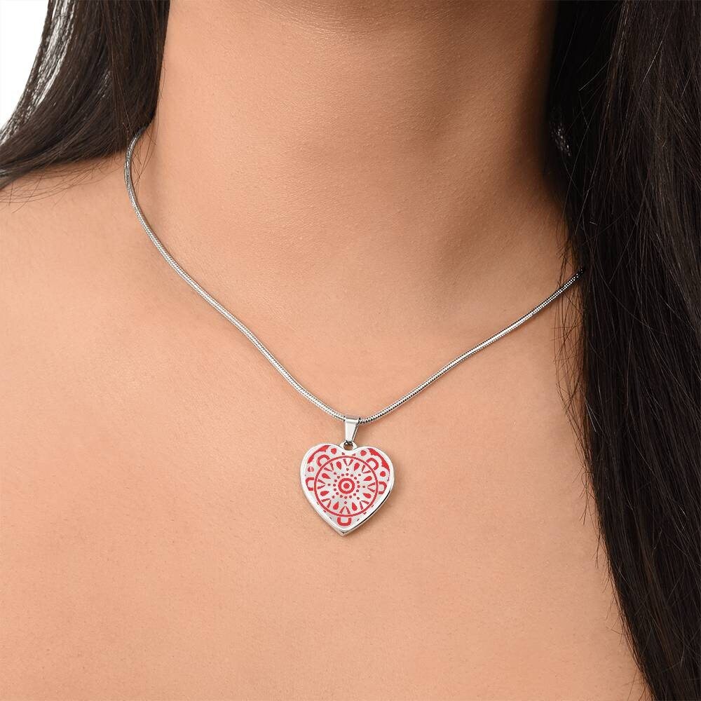 Graphic Heart Pendant + Necklace - Circular Floral Pattern