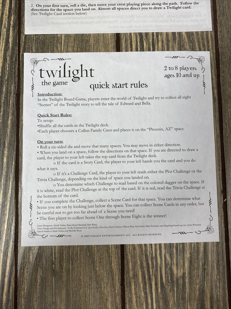 Cardinal Twilight The Game 2009 Replacement Piece Part Instructions Quick Start