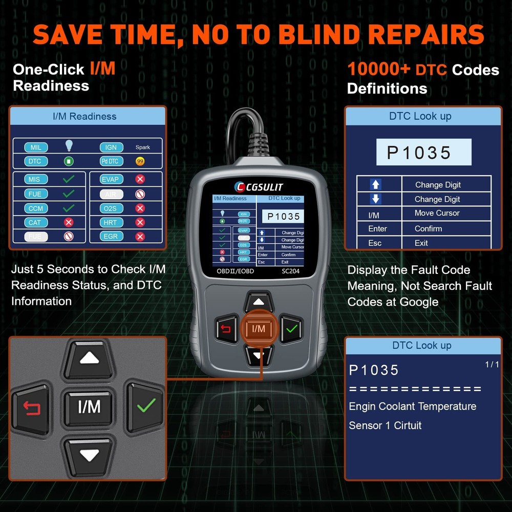 CGSULIT Scan Tool SC204 OBD2 Scanner, Check Engine Light Code Reader with Res...