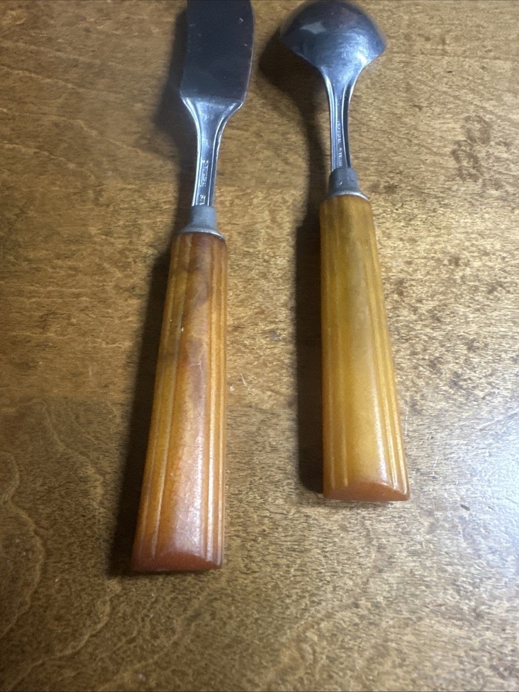 Vintage Bakelite Spoon & Spreader Butterscotch Flatware Silverware Stainless