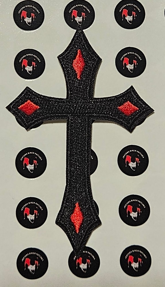 Gothic Cross Black Red Diamonds Embroidered Biker Patch