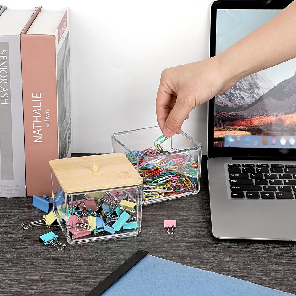 Compact Stackable Paper Clip Box with Natural Bamboo Lid - Office Essential