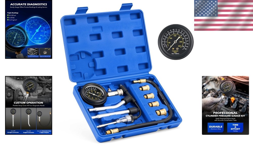 9-Pc Engine Compression Tester Kit with Spark Plug Tester & Adapters for Prec...
