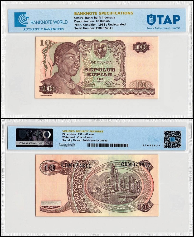 Indonesia 10 Rupiah, 1968, P-105, UNC, Authenticated Banknote