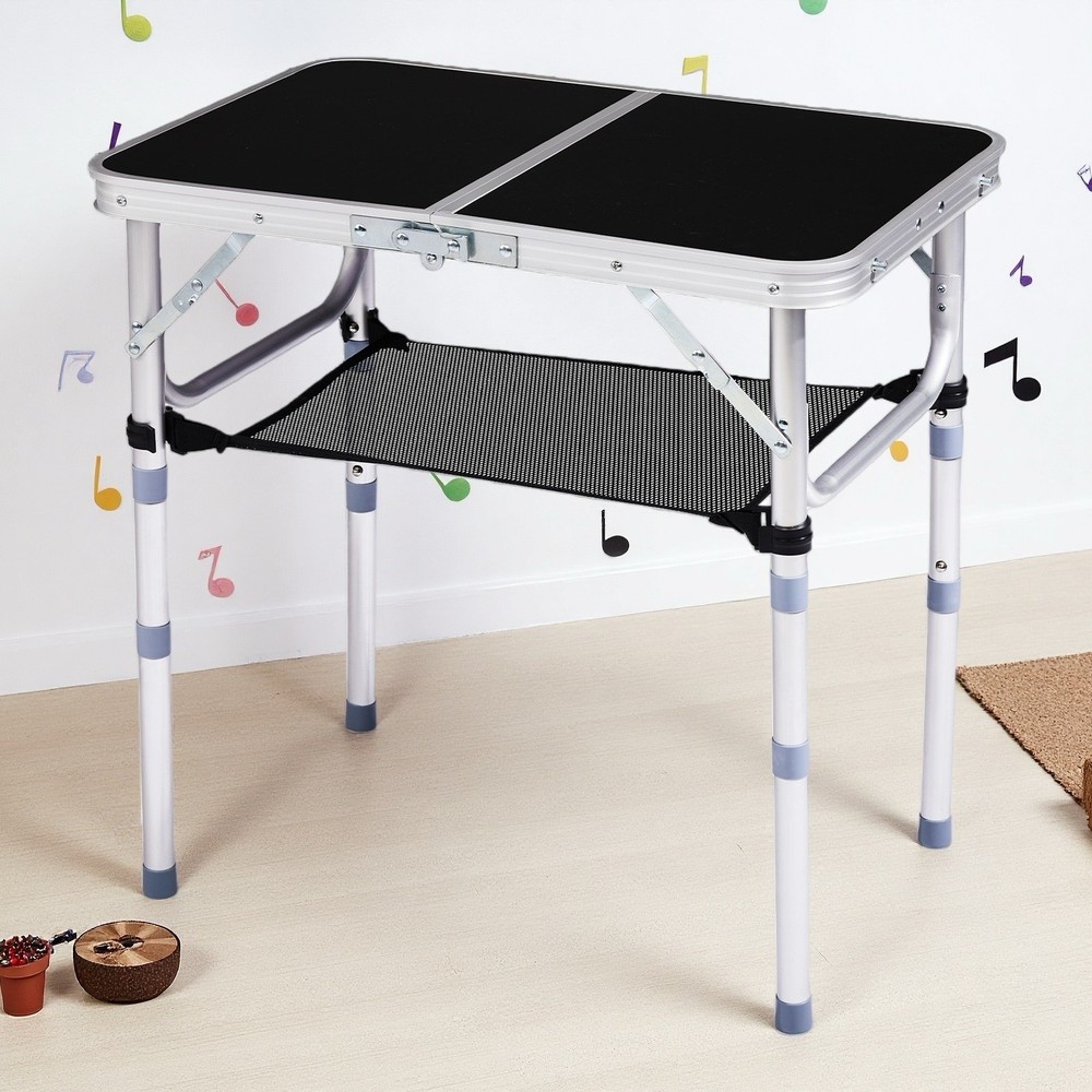 Folding Camping Table 2ft - Adjustable Mesh Storage Aluminum Frame Patio Black
