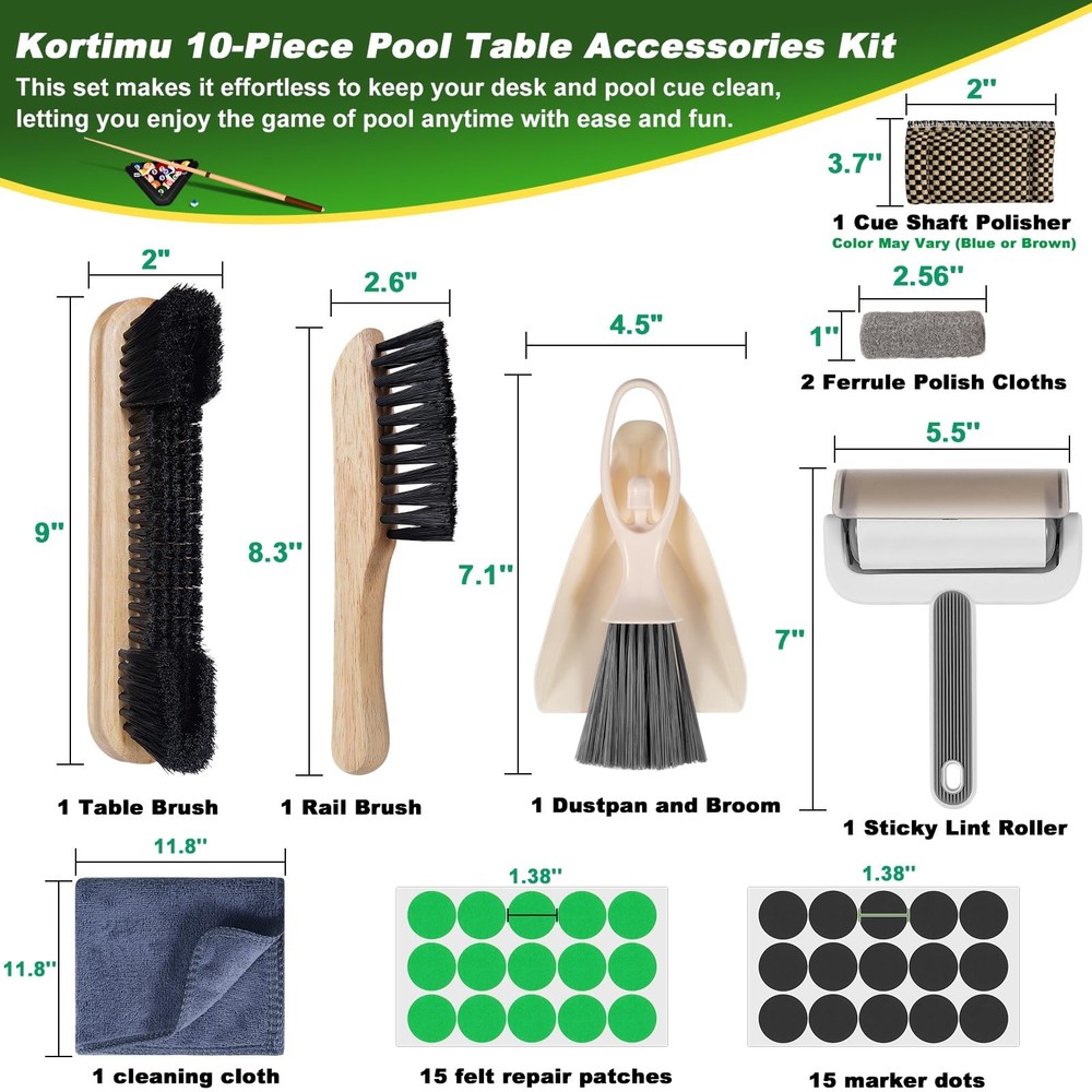 Billiard Pool Table Accessories Kit 10 Piece Set with 2 Pool Table Brushes,2 ...
