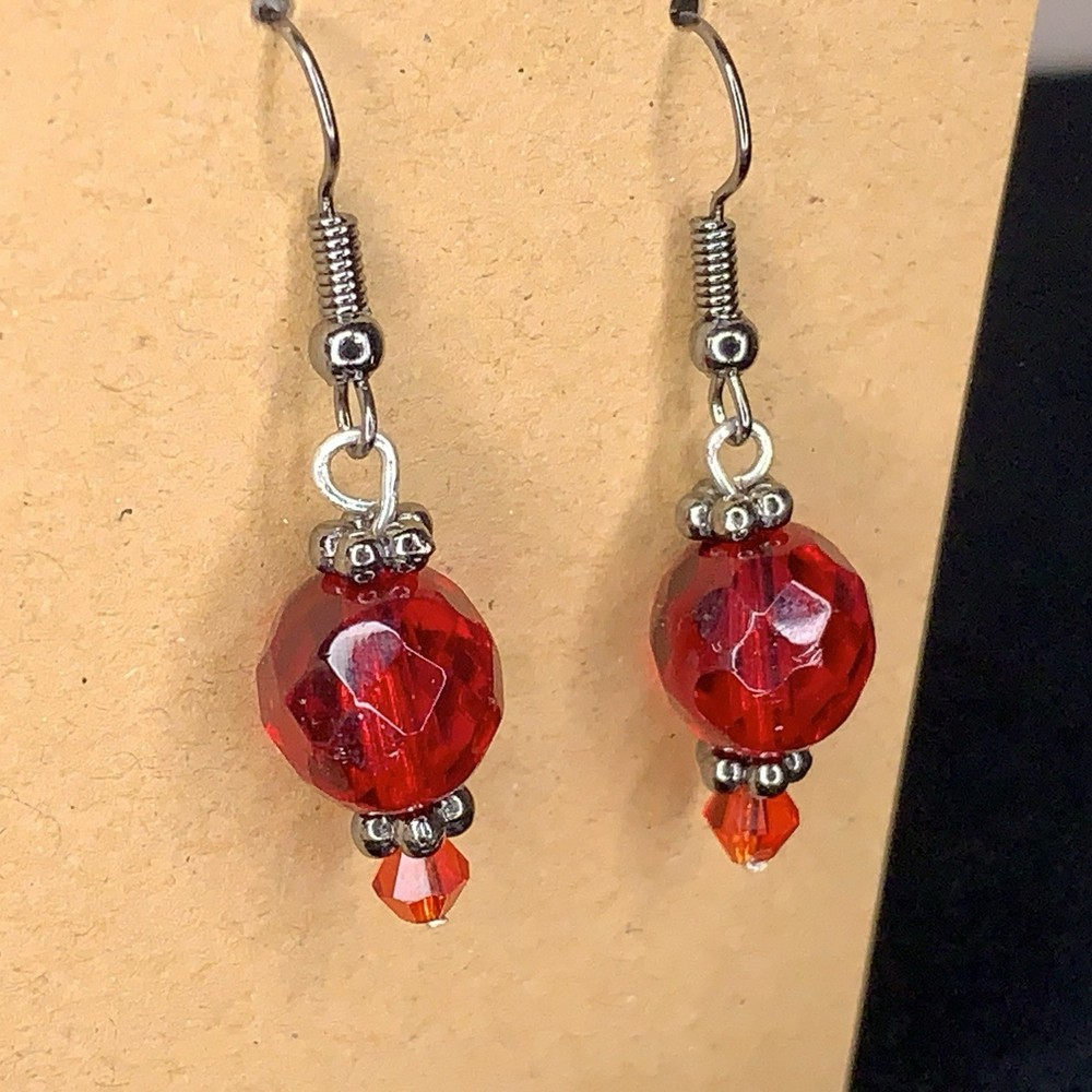 Handmade Red Silver Beaded Dangle Earrings Boho Goth Hook Style Back Bohemian