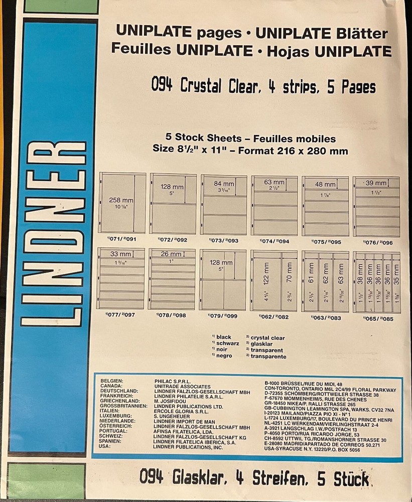 LINDNER 094 Uniplate - CLEAR - 5 Pages- 4 Pockets Per Page