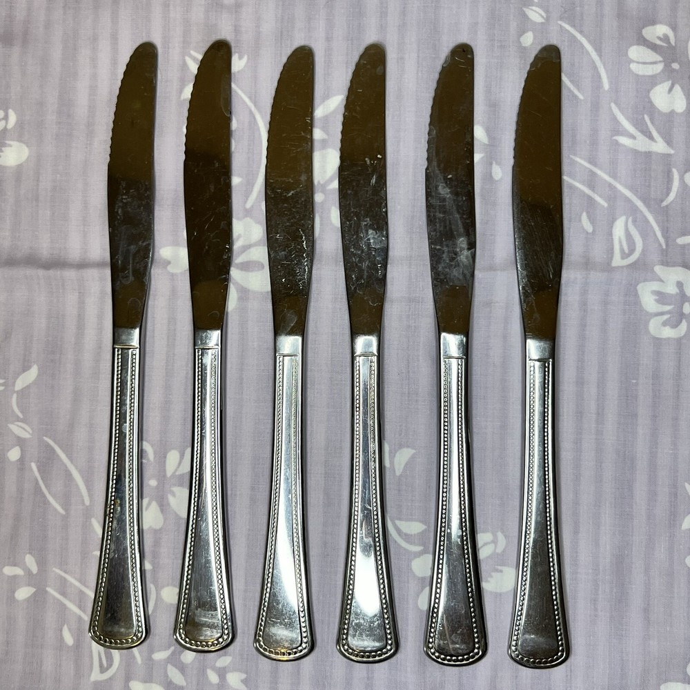 6 Oneida Ltd Stainless BEADED ARTISTRY or NEEDLEPOINT Pattern Dinner Knives 2674
