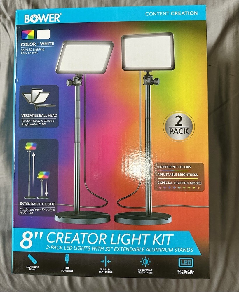 NEW Bower 8” RGB LED Creator Light Kit 2-Pack w/ 32” Extendable Stands