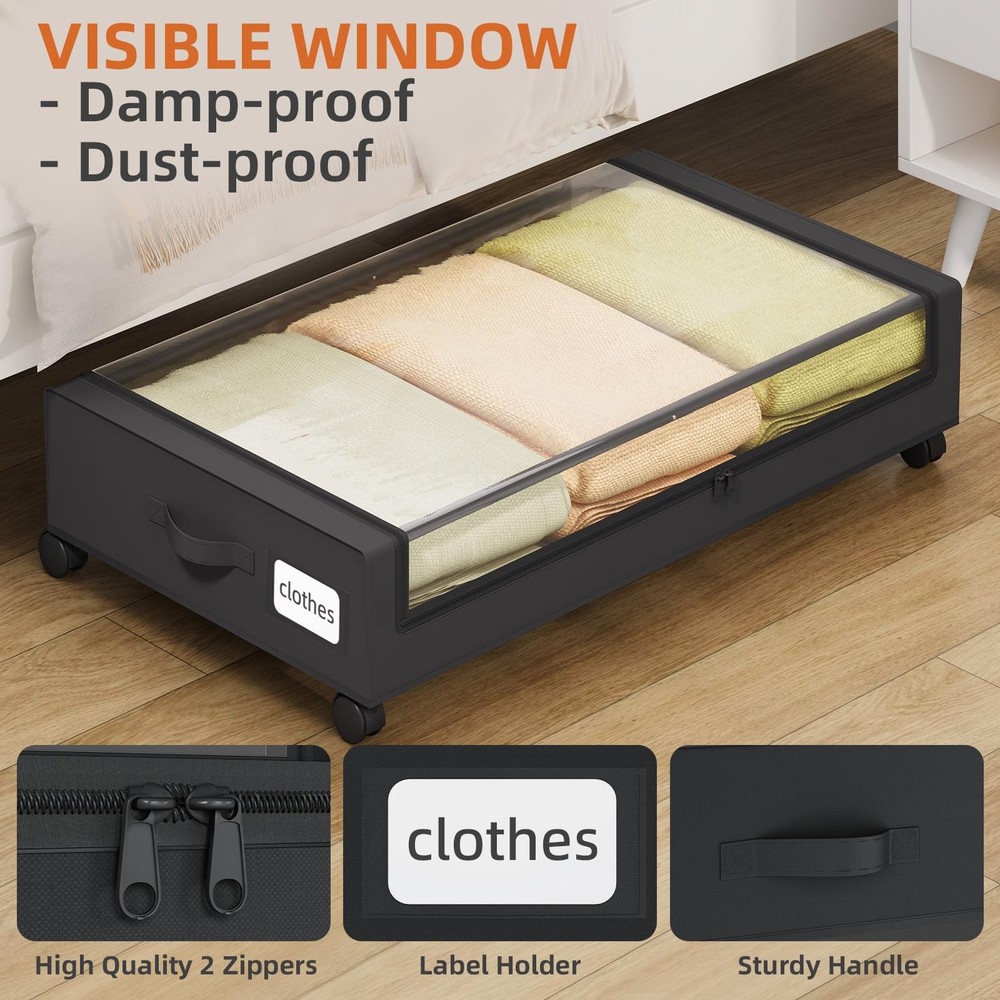 Under Bed Storage with Wheels 2 Pack Containers Dividers & Clear Lids Easy