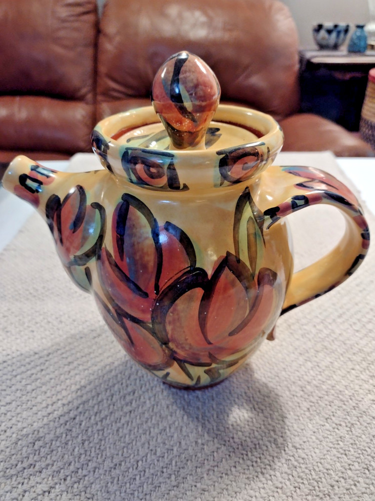 STUDIO POTTERY TEAPOT Signed 7 1/2" tall Multi Colored