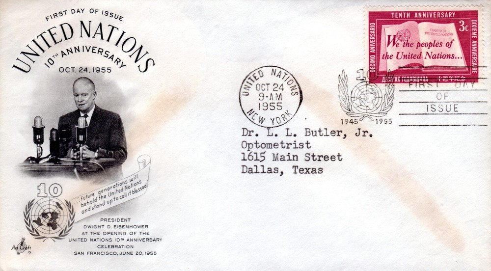 1955 UN ~ SC# 35-37 ~ 10th Anniversary Issues ~ FDC's ~ Art Craft Cachet