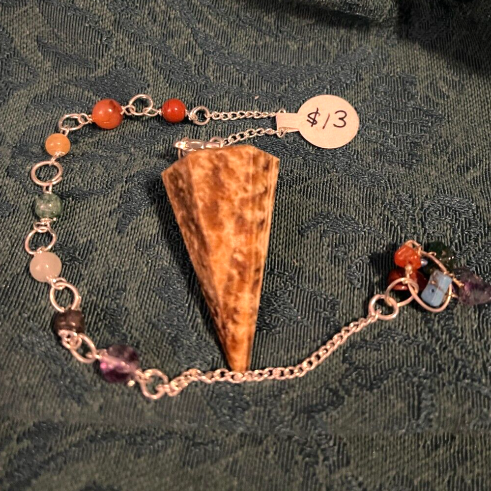 Argonite 6-Sided Pendulum with 7 Chakra Beaded Chain and Storage Pouch