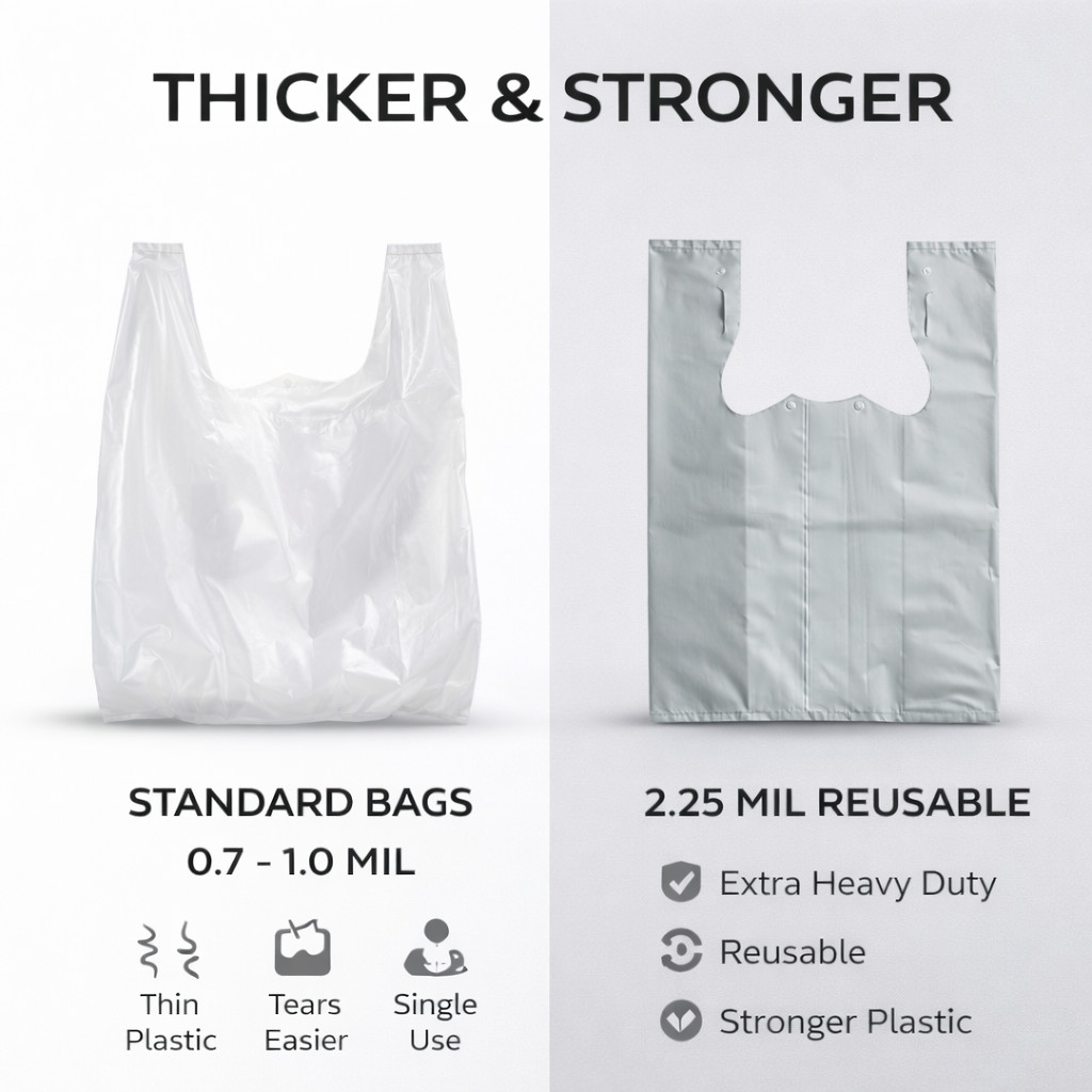 Gray Plastic Grocery T-Shirt Bags 12x7x20 2.25 Mil Reusable Extra Heavy Duty