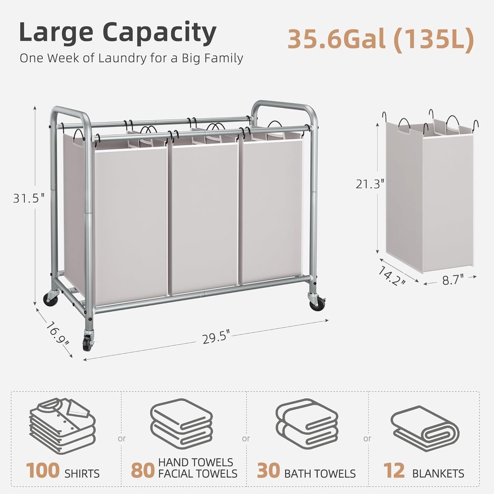 Eco-Friendly 3-Compartment Laundry Organizer with Rolling Wheels - Stylish Gray