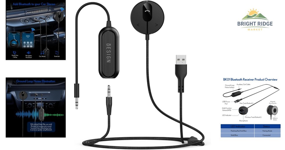 Car Bluetooth Receiver with Built-in Microphone & Noise Cancellation Technology