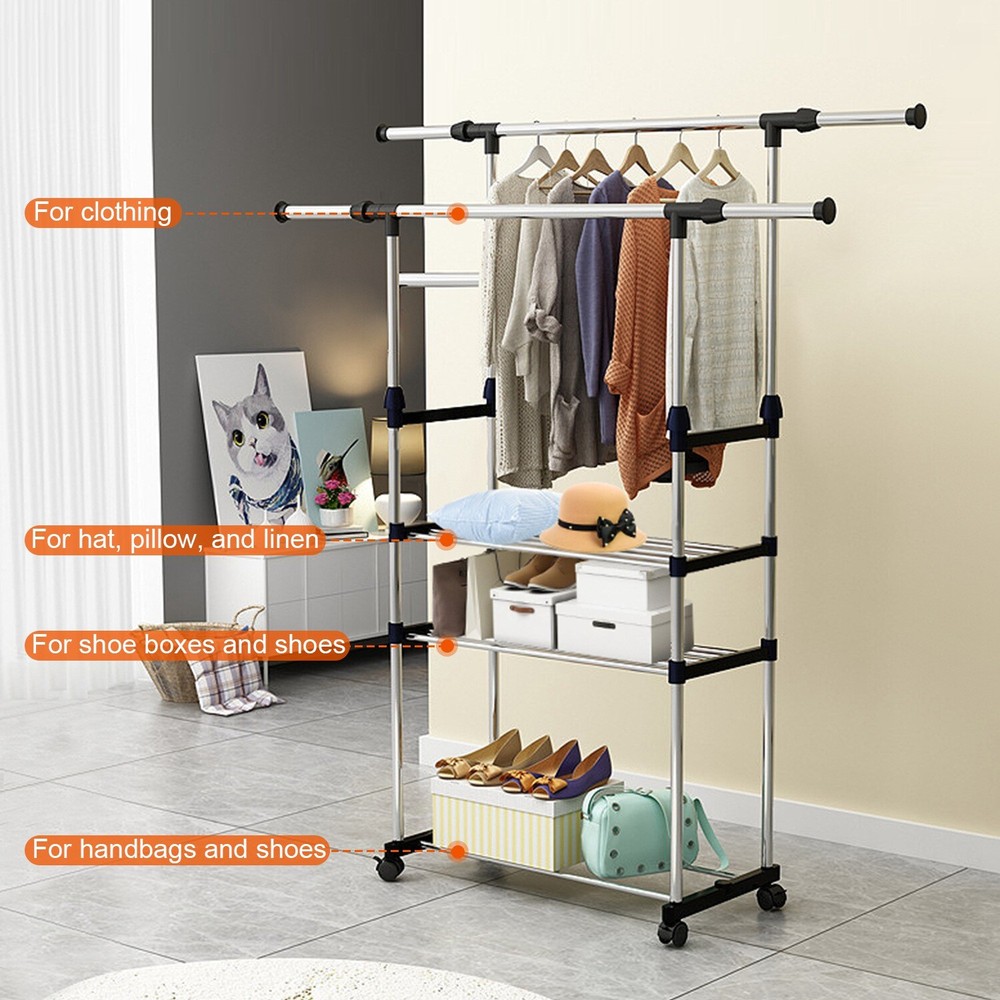 3 Tier Double Rolling Rail Garment Hanging Rack Adjustable Clothes Rack Hanger