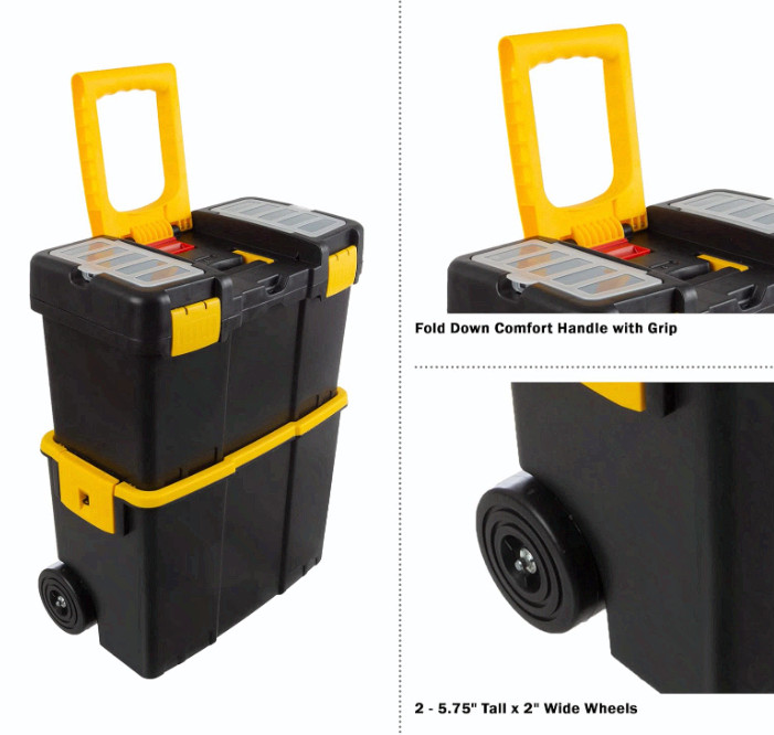 Portable 2-in-1 Tool Box on Wheels, Stackable, Tough Latches & Trays