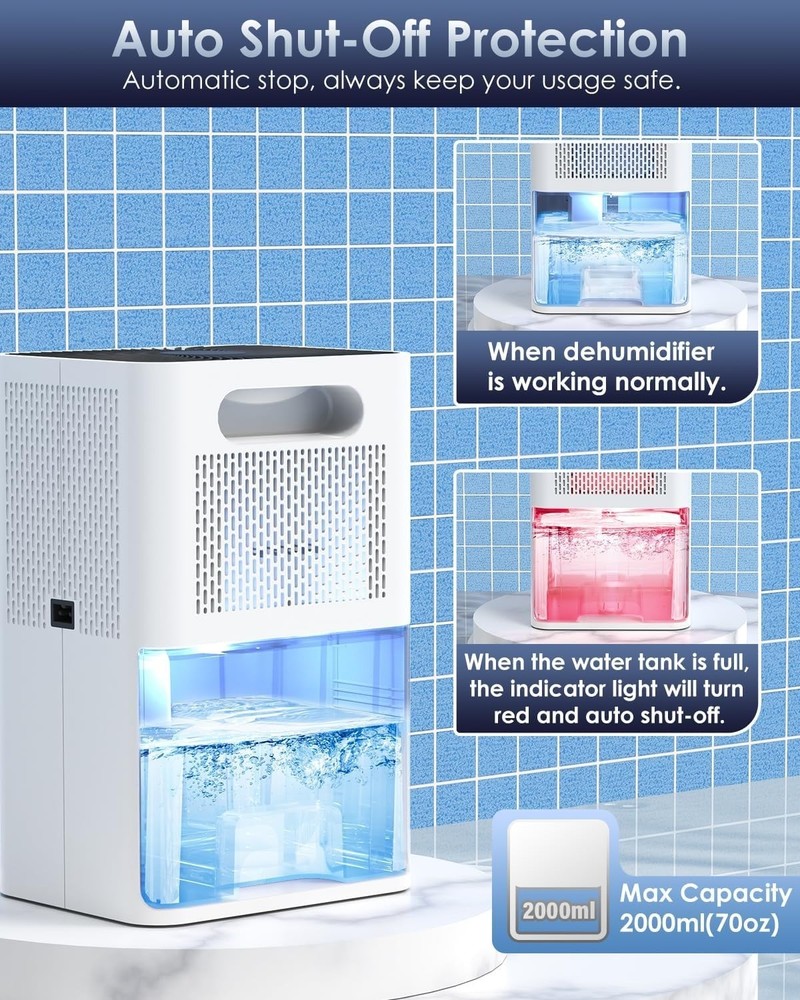Dehumidifier 63oz Capacity Auto Shut-Off, Sleep Mode, Defrost, Quiet & Efficient