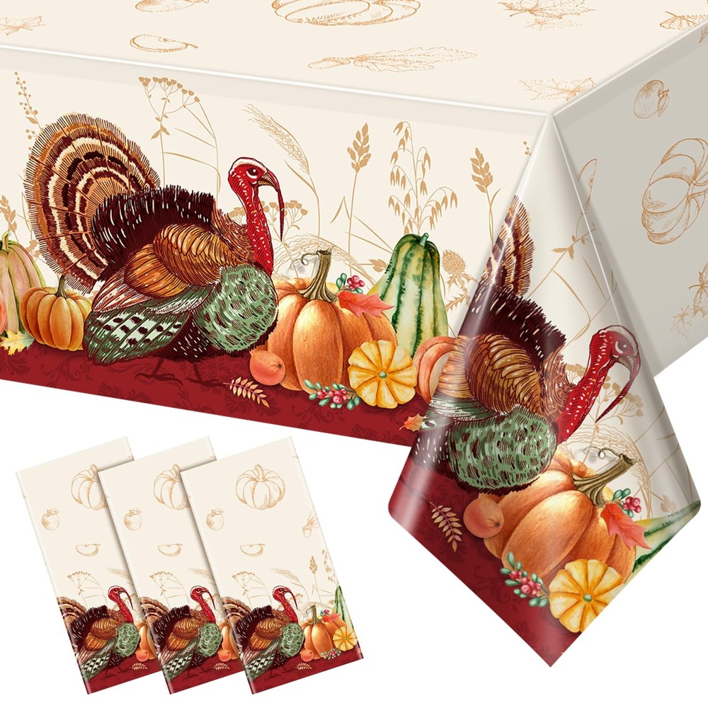 3 Pack Thanksgiving Disposable Tablecloth for Rectangle 3 Pack, Multi Color