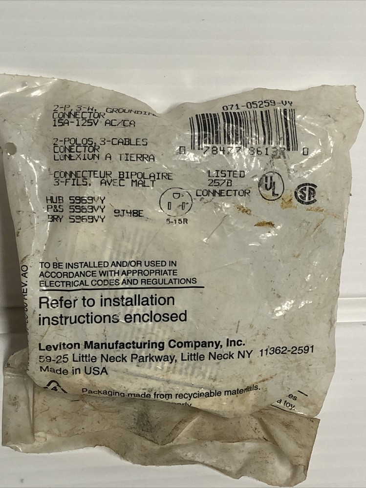 LEVITON STRAIGHT BLADE CONNECTOR 5259-VY 15A 125V