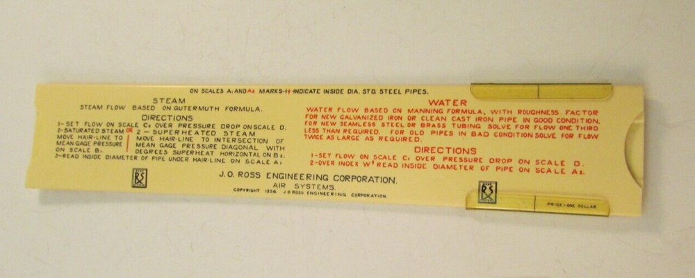 1936 J.O. Ross Engineering Plastic Pipe Size Ruler Selector for Steam & Water
