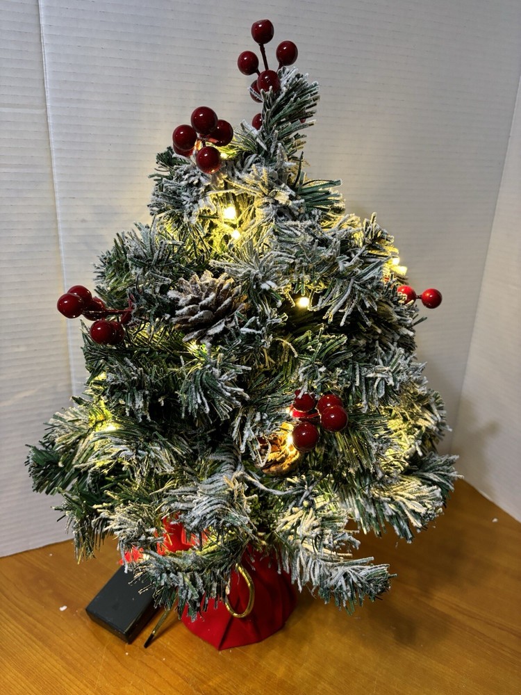 Christmas Tree Tabletop Mini Artificial With Holly and Artificial Snow Cones 19"