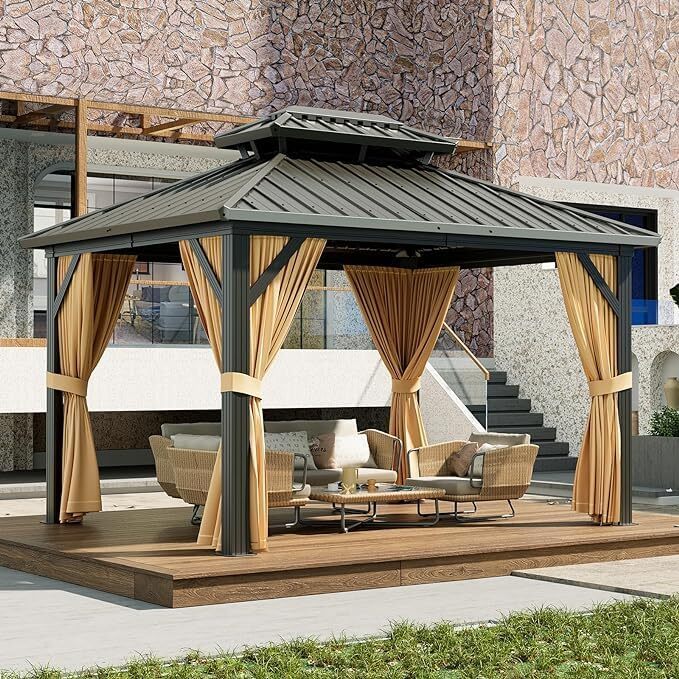 10x12 FT Heavy-Duty Aluminum Gazebo & Double-Layer Iron Roof All-Weather Outdoor