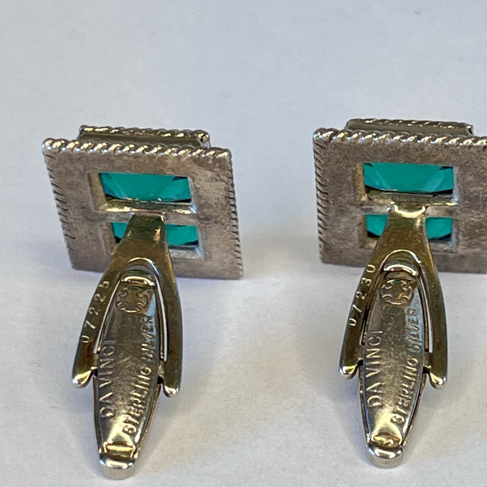 925 Sterling Silver Vintage Cuff Links DA VINCI Green Emerald cut Crystal slx