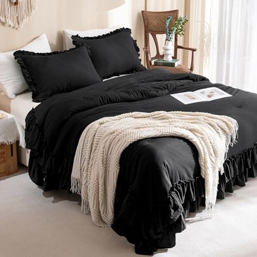 Ruffled Comforter,Shabby Boho Chic Farmhouse Bedding Comforter 3 King Black