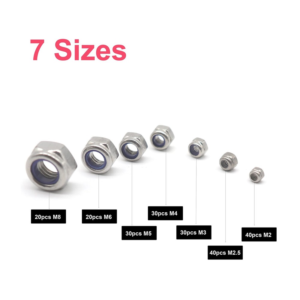 210pcs Nylock Hex Self Locking Nuts Assortment Kit Nylon Inserted Nuts 304 St