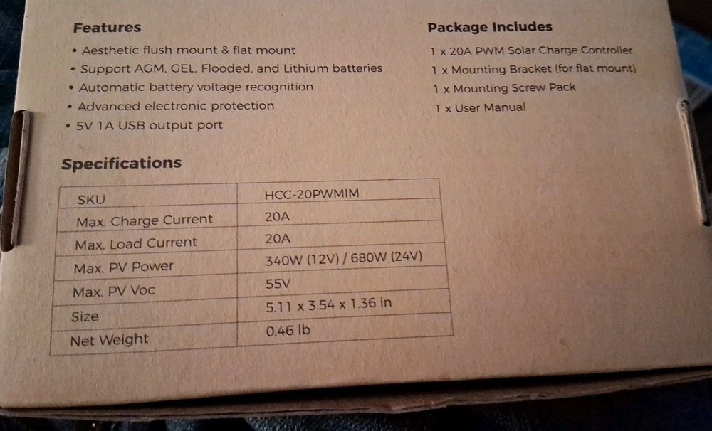 HQST Solar Charge Controller20a Flush Mount Solar Panel Battery Intelligent