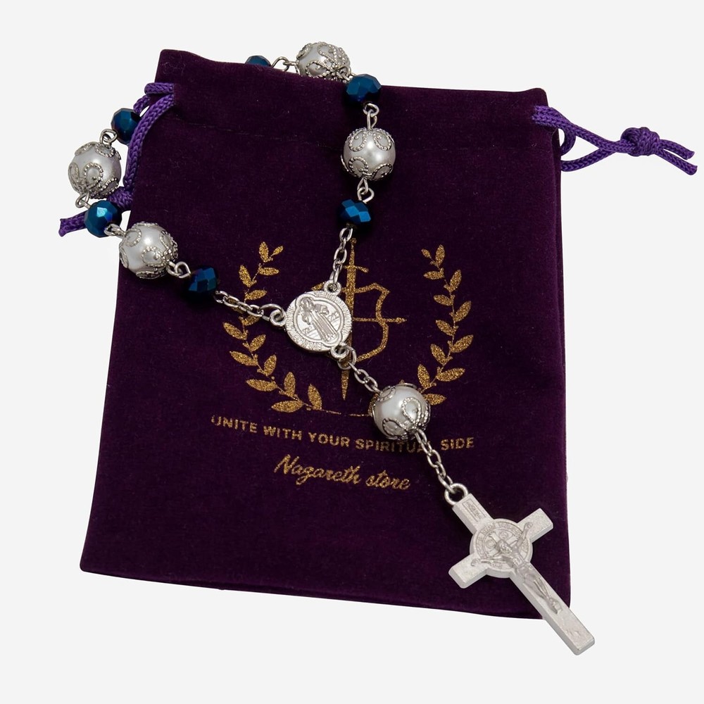 Navy Blue Catholic Auto Rosary St. Benedict Medal for Rearview Mirror Hanging