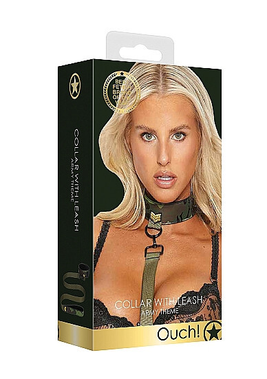 Shots Ouch! Collar with Leash Army Theme Bondage Restraints Adjustable BDSM