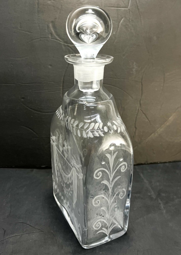Continental Acid Etched Rectangular Decanter, Mid Century. Birds