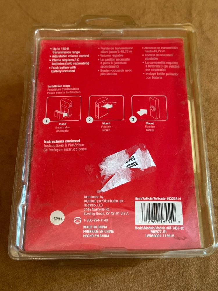 Utilitech Wireless Doorbell & Push Button Battery Operated 3 Sounds New
