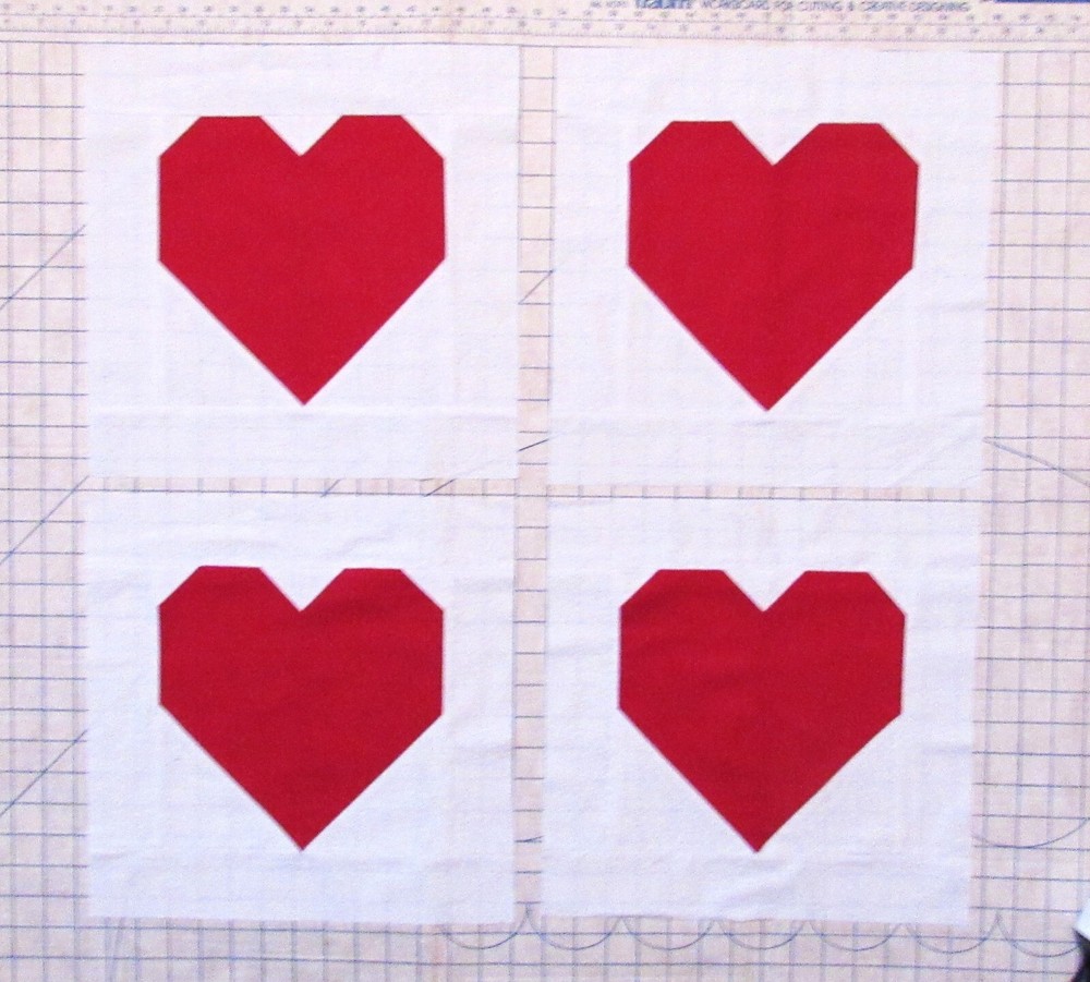 FOUR HEART QUILT SQUARES UNFINISHED  12 1/2 INCHES SOLID RED