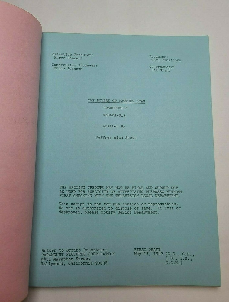 THE POWERS OF MATTHEW STAR / Jeffrey Scott 1982 Script, Peter Barton "Daredevil"