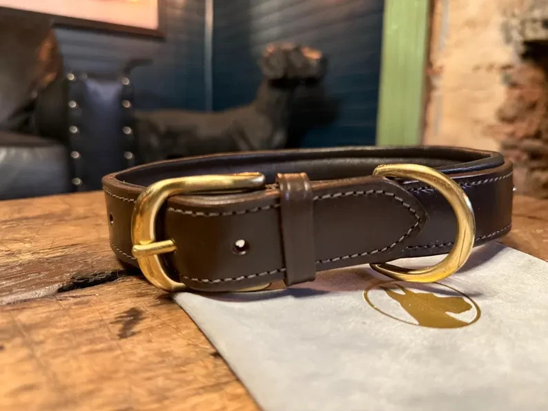 HoundsAndBones Leather Dog Collar – Brown Padded Lining, Solid Brass Hardware L