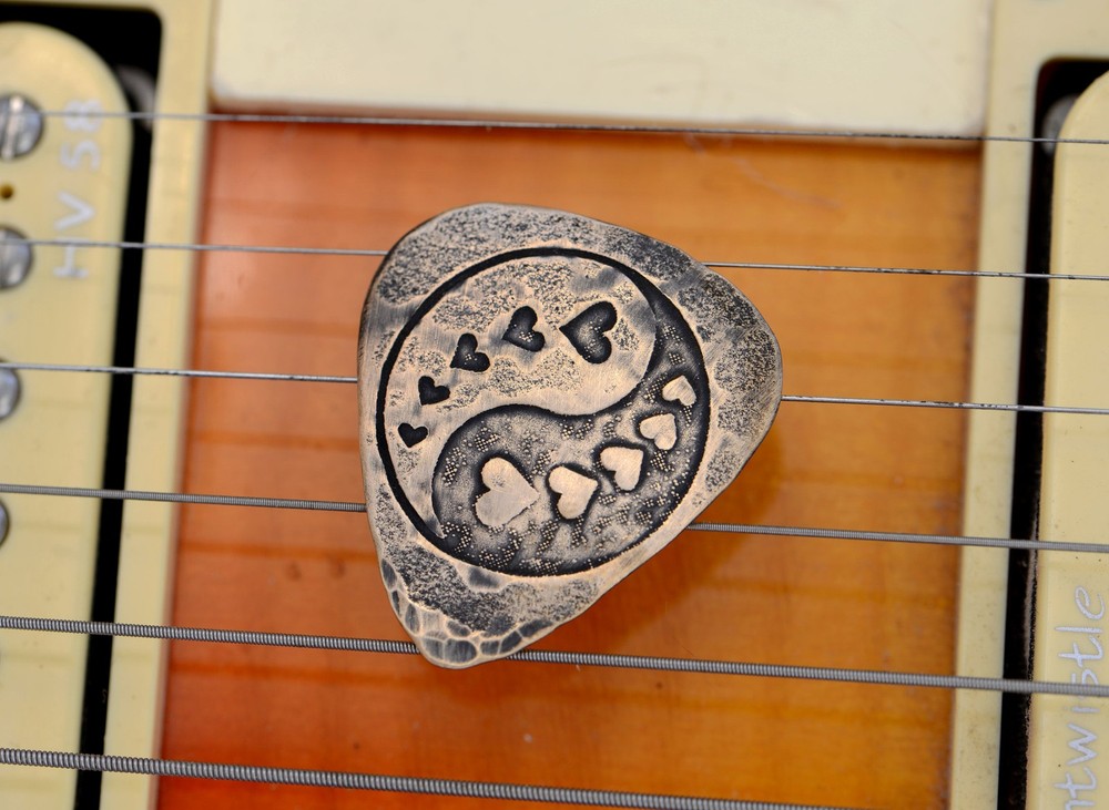 Yin Yang with Hearts imprinted on Copper Guitar Pick