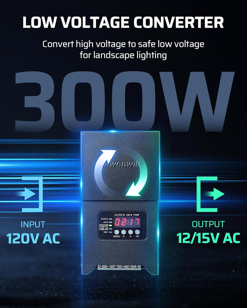 300W Low Voltage Landscape Transformer with Timer & Photocell Sensor