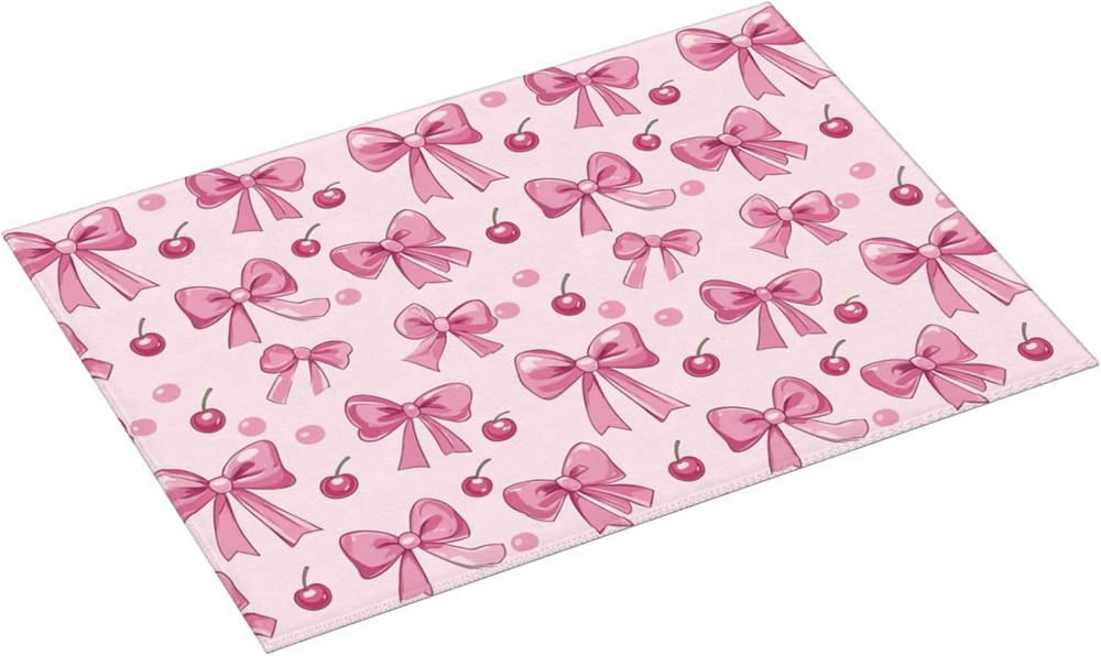 Dish Drying Mat for Kitchen Pink Bow Pattern Cherry Counter Absorbent Dishes