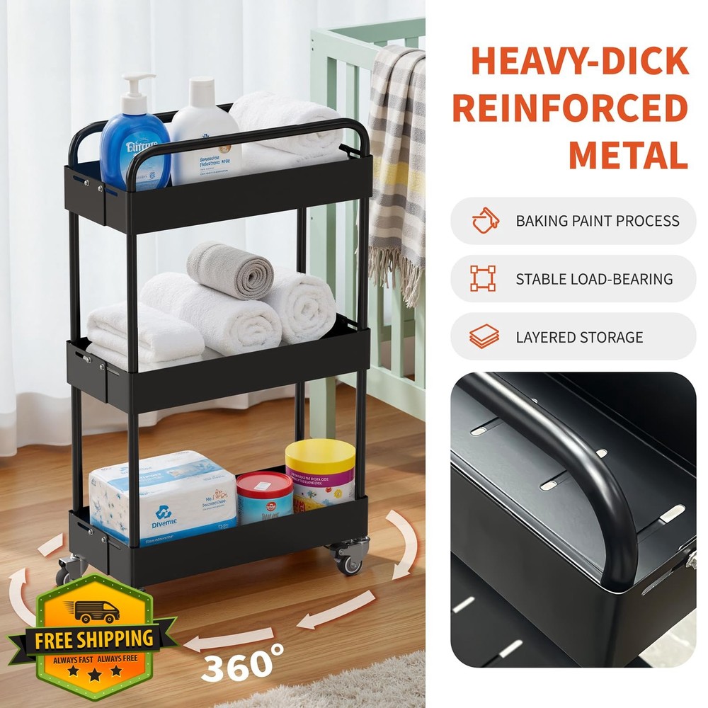 HOTEAGLE 3-Tier Black Rolling Cart, Adjustable Utility Storage