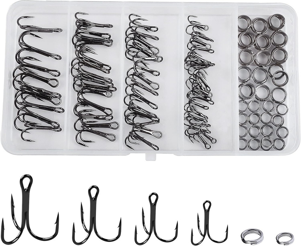 Treble Hooks and Split Rings Kit, 130Pcs Assorted Classic High Carbon Steel Fish