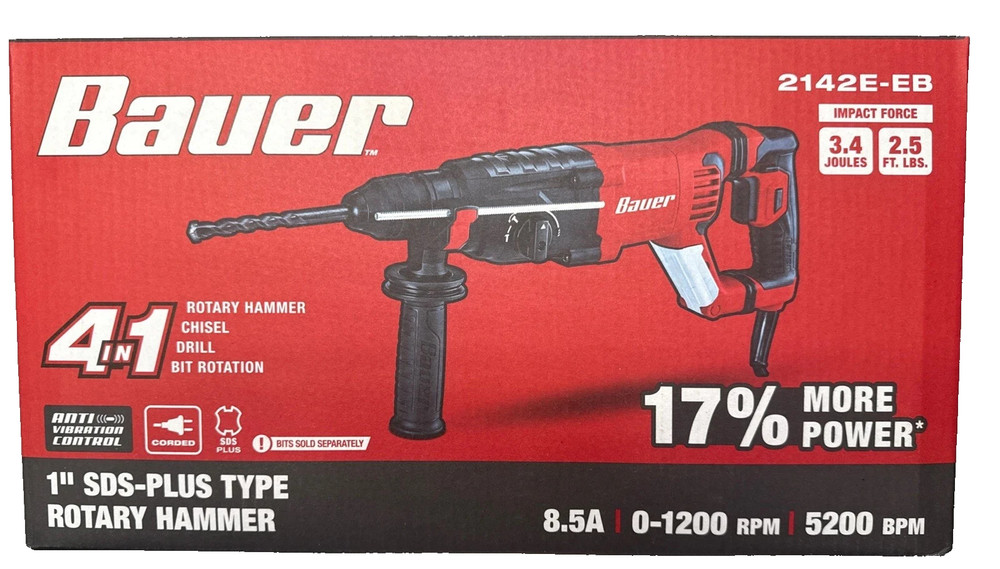 BAUER 8.5 Amp, 1 in. SDS-PLUS Type Variable-Speed Rotary Hammer2142E-EB NEW