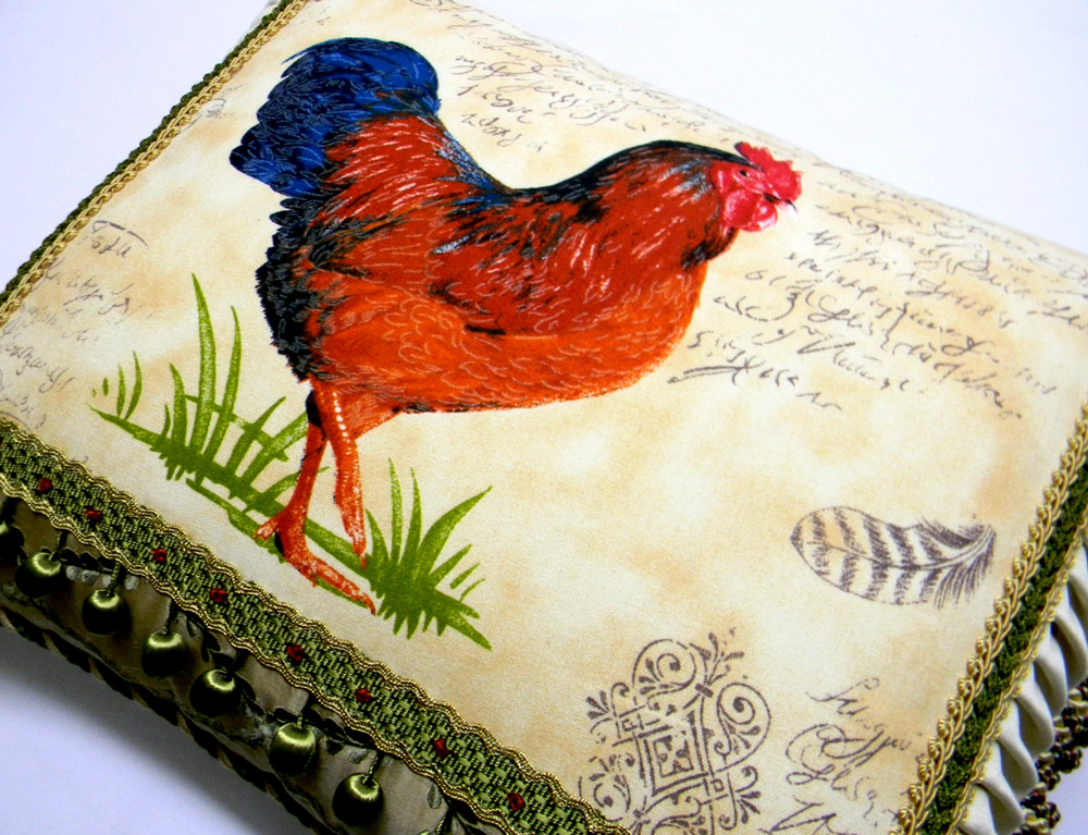 French Script & Rooster, Designer accent Pillow W/ insert