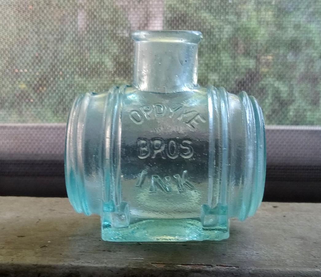 OPDYKE BROS INK 1880 AQUA BARREL FIGURAL INK BOTTLE FRENCHTOWN,NJ?