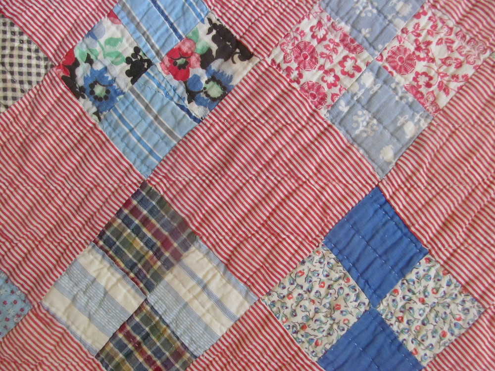 1940s Vintage FOUR PATCH on POINT Handmade Quilt~Tiny Red Stripe & Blue Binding